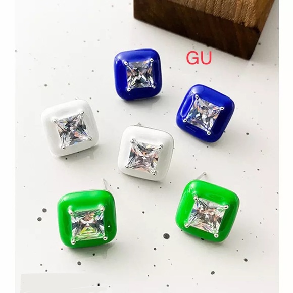 Anthro Cobalt Blue Dopamine Clothes Boho Checked Floral Stud Earrings Jewelry - Picture 9 of 16